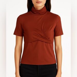 Tanya Taylor short sleeve fitted turtleneck top rust twist front